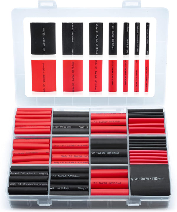 Wirefy Heat Shrink Tubing Kit - 3:1 Ratio Adhesive Lined Shrink Wrap, Automotive Industrial Tubing - Black, Red, 200 PCS