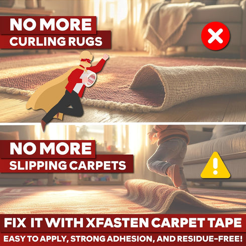 XFasten Carpet Tape for Hardwood Floors - 2”x10yds No Residue Heavy Duty Double Sided Rug Tape