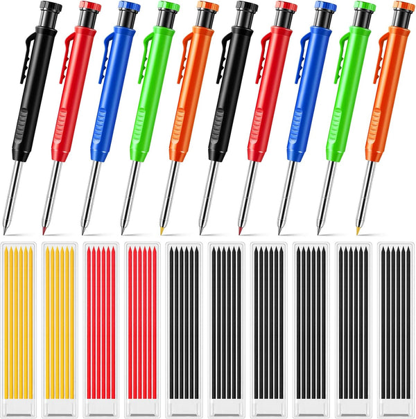 Sabary 10 Pcs Solid Carpenter Pencils with 60 Pcs 2.8mm Refills, Long Nosed Mechanical Pencil Marker for Woodworking