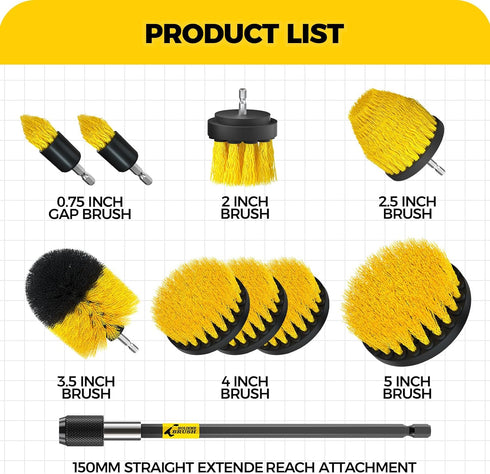 Holikme 10Pieces Drill Brush Attachments Set, Power Scrubber Brush with Extend Long Attachment,Scrub Brush,Shower Scrubber,Cleaning Supplies,Yellow by Holikme