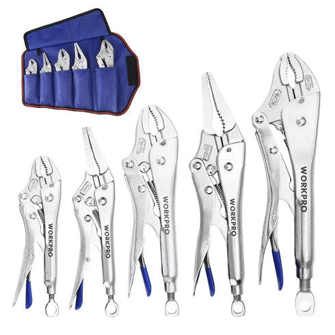 WORKPRO 5-Piece Locking Pliers Set, 5"/7"/10" Curved Jaw & 6.5"/9.5" Long Nose,