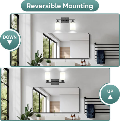 2-Light E26 Base(Bulbs Ascher Bathroom Light Fixtures, Vanity Light Over Mirror, Matte Black Wall Sconces with Milky