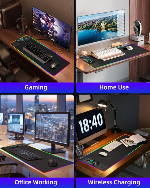 BosoChe 10W, 31.5"x11.8" 9 Wireless Charging RGB Gaming Mouse Pad Large Desk Mat, Light Modes, Non-Slip Rubber Base