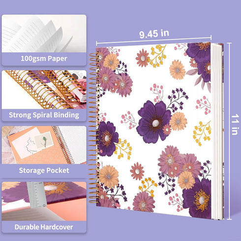 CAGIE Floral Spiral Notebook, 8.5 x 11, 200 Pages, Large Hardcover with Pockets for Women and Girls Note Taking, Purple