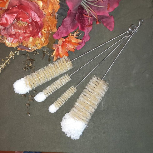 NewFerU Stainless Steel Soda Bottle Cleaning Brush Set with Natural Boar Bristle Wool Tip, Long Handle for Narrow Neck