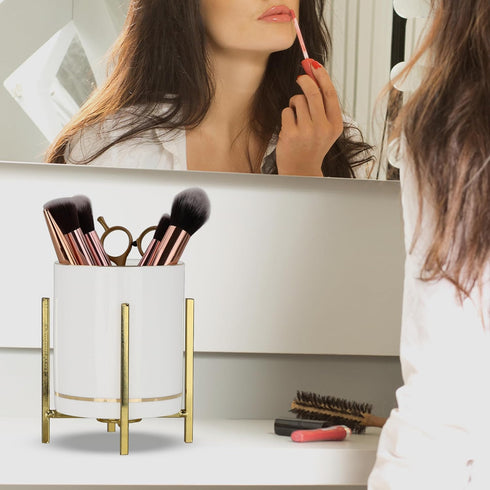 Gold Pen Holder for Desk, Aesthetic Ceramic Pencil Cup with Metal Legs, Makeup Cup for Brushes
