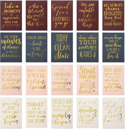 Paper Junkie 20 Pack Daily Motivational Quotes for Desk, Inspirational Desk Supplies with Wooden Stand for Office, 5 x