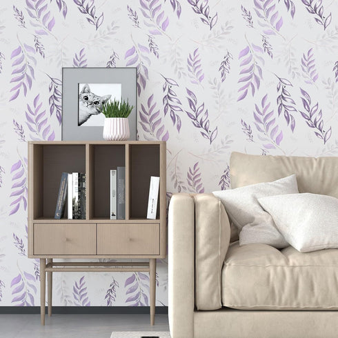 17.5" 393.7", Countertop White Purple Leaf Wallpaper Peel and Stick, Botanical Leaves Contact Paper x Modern Vinyl Wall