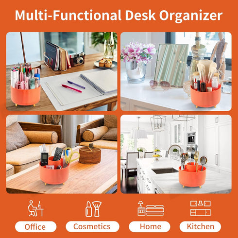 Desk Pencil Pen Holder - 5 Slots 360° Degree Rotating Organizer for Office, School, Home, and Art Supplies (Orange)