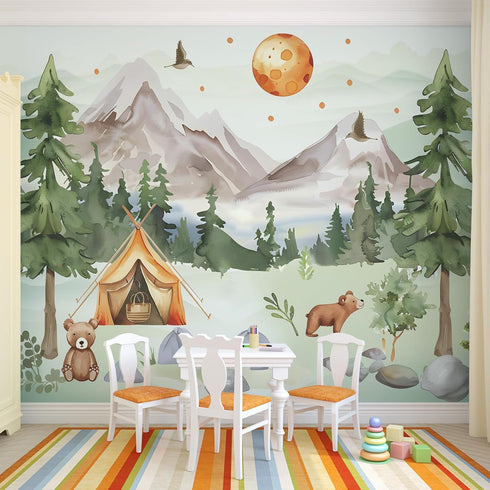 63x89.8inch 3D AM AMAONM Large Watercolor Mountain Landscape and Forest Pine Tree Wallpaper Peel and Stick Animals Wall