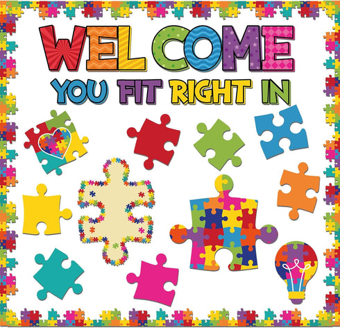 Pasimy 113 Pcs Welcome Bulletin Board Set, Puzzle Pieces Classroom Decorations with Border Trims and Cutouts