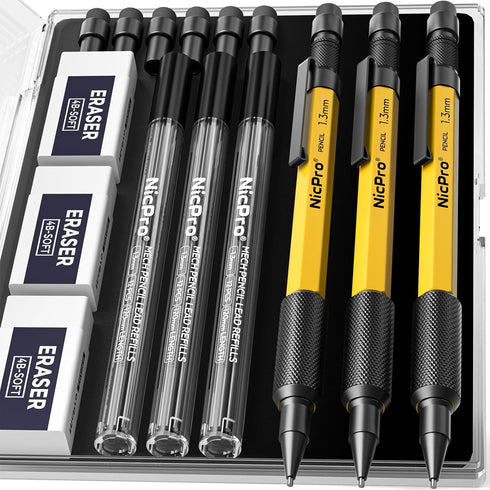 Nicpro 3 PCS 1.3 mm Mechanical Pencil Set with 36 Lead Refill, Heavy Duty Carpenter Pencil for Woodworking