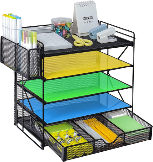 GALASALA 5-Tier Mesh Desktop File Organizer with Drawer, Paper Sorter for School Office Supplies, Black