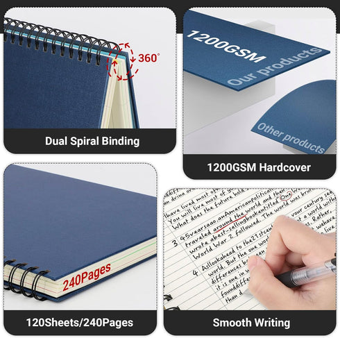 EUSOAR Spiral Notebook Hardcover - 3pcs B5 7.3"x10.2" 5 Subject College Ruled Writing Pad, 100GSM 120Sheets/240Pages