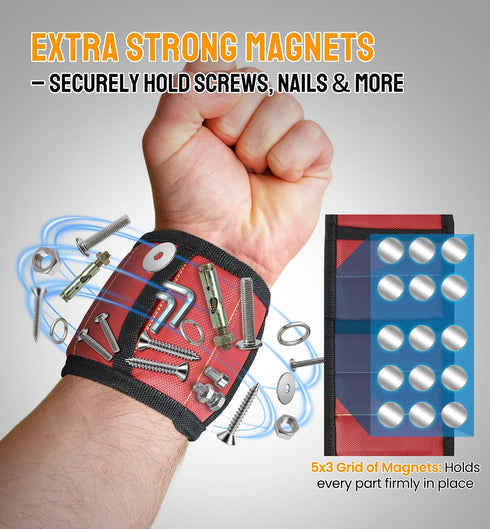 15 HiRui Magnetic Wristband for Tools Ultra-Strong Neodymium Magnets Hold Screws, Nails & Bits, Dual Pockets HandsFree