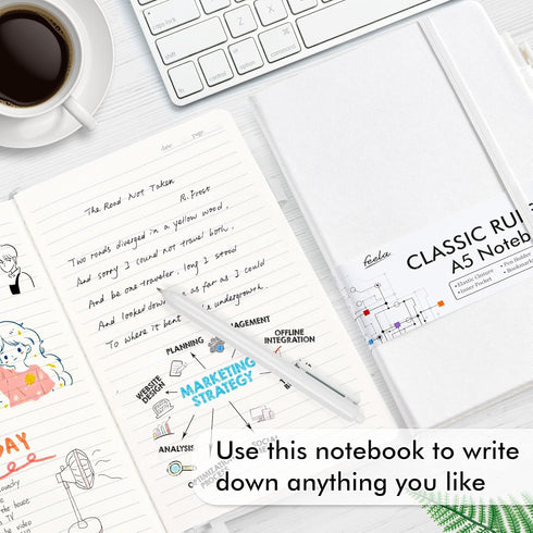 feela 5 Pack Notebooks Journals Bulk, Hardcover Classic Ruled Journals with Pen Holder for Women, 5 Black Pens
