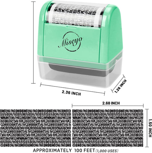 Miseyo Identity Theft Protection Roller Stamp Set - Mint Green, Includes 3 Refill Inks