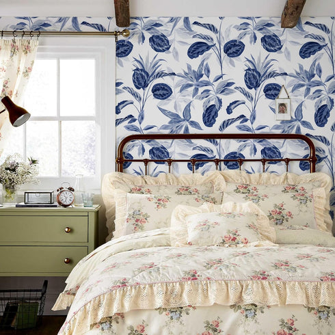 Palm Tree Leaf Navy Blue and White Floral Wallpaper: Peel and Stick Tropical Wallpaper for Bathroom Removable Wall Cover