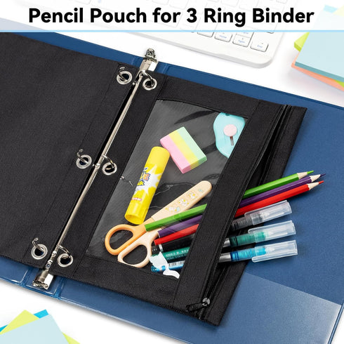 V-Opitos Pencil Pouch for 3 Ring Binder, 2 Pack Sky Blue 3-Holes Zipper Pencil Pouches, Sturdy and Durable Cloth Pencil Case with Clear Window for Office School College Supplies by V-Opitos