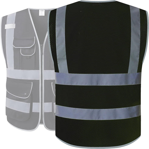 JKSafety 9 Pockets High Visibility Safety Vest for Men and Women, Hi-Vis Reflective Black Safety Vests with Zipper Front, Meet ANSI/ISEA Standards(159-Black L)