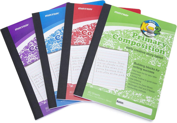 Mintra Primary Composition Notebook, Full Sheet, 4 Pack, Assorted Designs