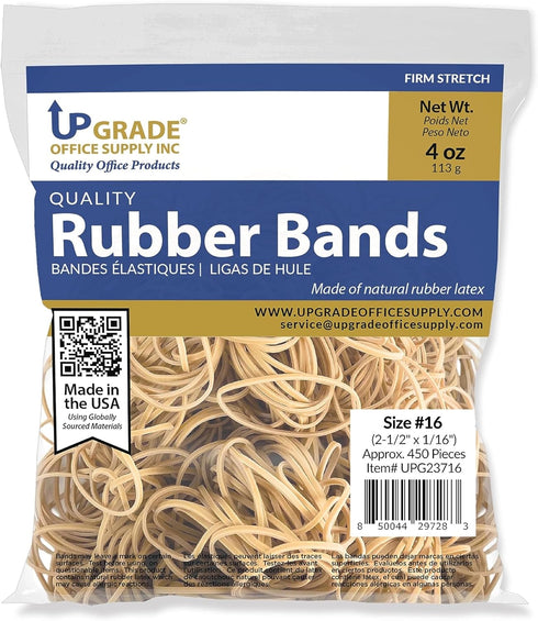 Upgrade Office Supply UPG23716 Rubber Bands, Size #16 (2-1/2" x 1/16"), 1/4 lb. Bag, Approx. 450 Bands, Natural Crepe, Made in USA
