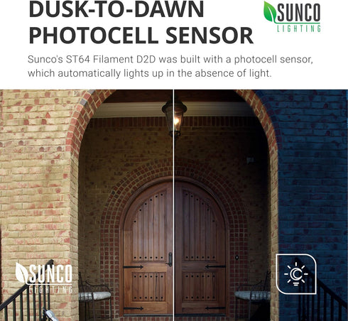 Sunco Lighting - 2 Pack Dusk to Dawn Light Bulbs LED Edison 2700K Soft White, CRI90 7W Equivalent 60W, Vintage Style ST64 Extra Bright Automatic Bulb, 800 Lumens, E26 Base, Light Sensing Outdoor UL by Sunco Lighting