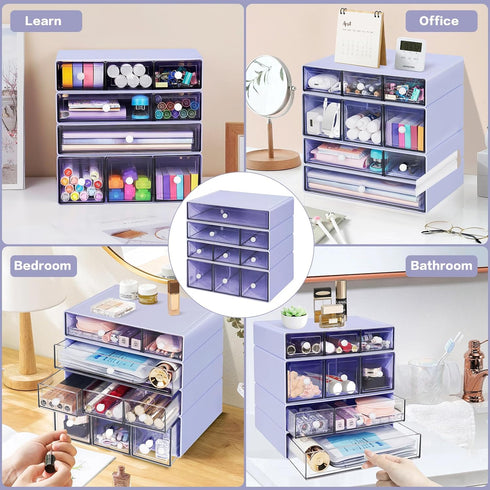 Desk Storage Organizer with 9 Drawers, FODIENS 4 Tiers Stackable Desktop Craft Storage Drawers for Makeup Jewelry