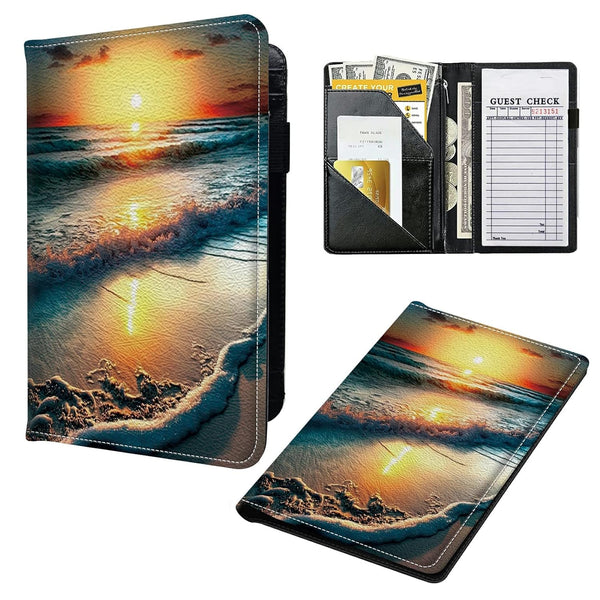 Server Books for Waitress, Leather Wallet with Zipper Pocket, 7 Storage Pockets for Recipes and Checks, Beach Sunset