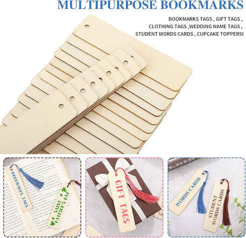Zonon 36 Pieces Wood Bookmark Blank Bulk | Unfinished Bookmarks with Tassels for DIY Craft | Wooden Hanging Tag