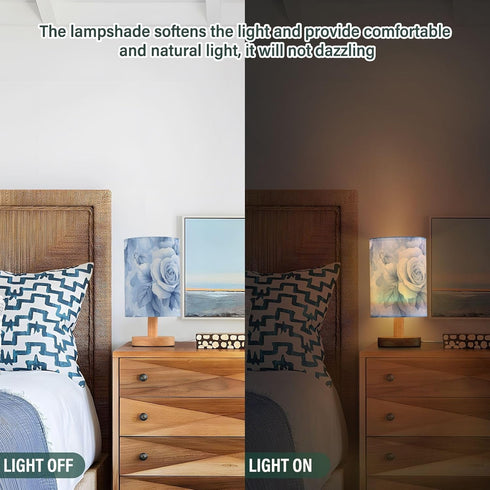 Bedside Table Lamp, Blue Flower Pattern Blue Leaves Small LED DeskLight USB Nightstand Lamp with Non Slip Wood Base