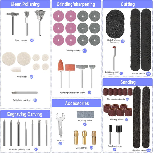 HARDELL 227pcs Rotary Tool Accessories Kit, 1/8" Shanks, Universal Fitment for Cutting, Polishing, Grinding