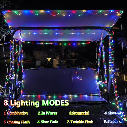 66ft 200 8 YEGUO Solar Rope Lights Outdoor Waterproof, LED Multicolor String Lights, Modes Fairy Lights in Clear Thin