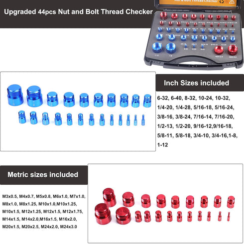 44pcs Nut and Bolt Thread Checker Set, Practical Size Gauge Box for Inch & Metric