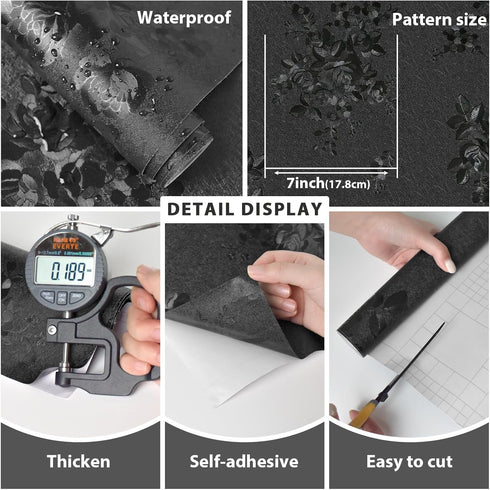 Black Peel and Stick Wallpaper, Silk Embossed Floral Contact Paper for Cabinets, 17.7 118 Textured Self Adhesive