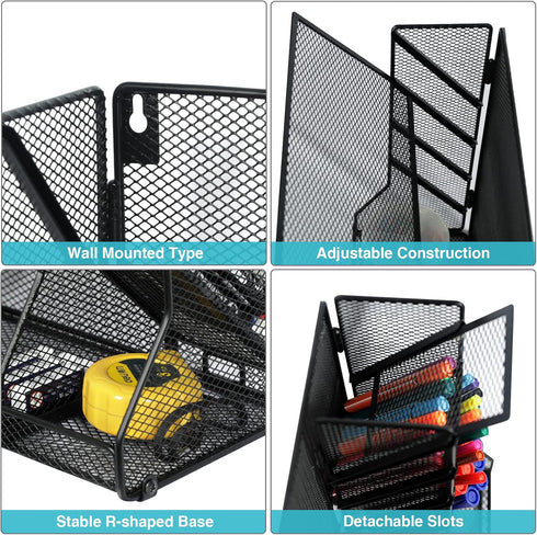 Wall Mounted 4 Tier File Organizer, Durable Adjustable Metal Vertical Hanging with 4 Pen Slots for Office, Black