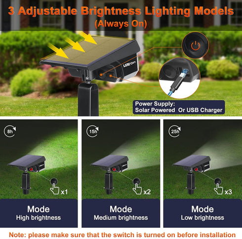 IP65 40 On/Off,3 2 Pack LEREKAM Solar Spot Lights, Waterproof LEDs Landscape Spotlights,USB & Solar Powered Wall Lights