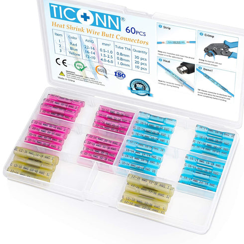 TICONN 60PCS Heat Shrink Butt Wire Connector Kit, Insulated Waterproof Electrical Crimp Terminals for Marine Automotive.