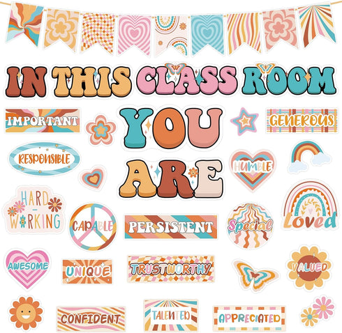 Boho Bulletin Board Decorations, 30Pcs Retro Classroom Decor with Inspirational Affirmation Daisy Floral Signs
