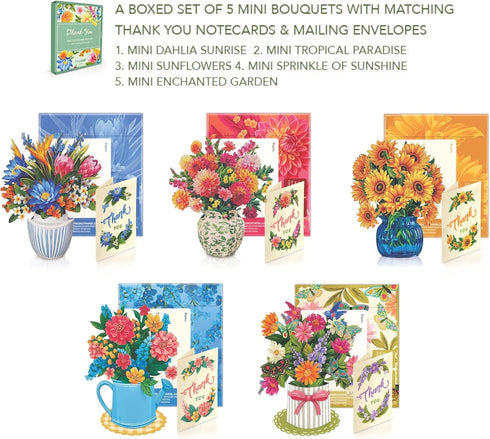Set 5 6 Inch 3D Pack 5 Freshcut Paper Pop Up Cards, of Thank You Mini Bouquets with Matching Card, Popup Forever