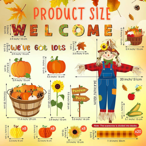 Pasimy 102 Pcs Fall Pumpkin Bulletin Board Classroom Decorations, Autumn Thanksgiving 3D Scarecrow and Honeycomb