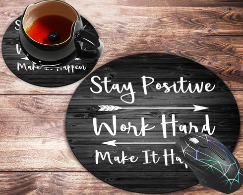 Round Mouse Pad and Coaster Set, Rustic Black Old Wood Art Mousepad with Inspirational Quotes - Non-Slip Rubber Base