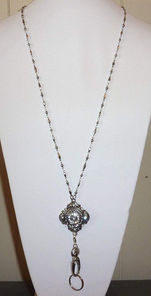Hidden Hollow Beads Interchangeable Snap Button Lanyard, Women's Stainless Steel Chain ID Badge Holder