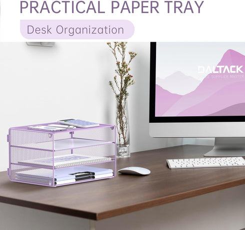 DALTACK 3 Tier Mesh Metal Letter Tray Paper Organizer for Home & Office, Light Purple