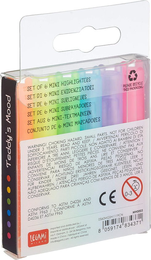 Legami Set of 6 Mini Highlighters, Teddy's Mood, 6 Pieces