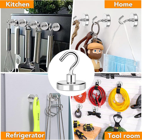 MIKEDE Heavy Duty Magnetic Hooks, 150Lbs+ Super Strong Neodymium Earth Magnets with Hook for Hanging - 4 Pack
