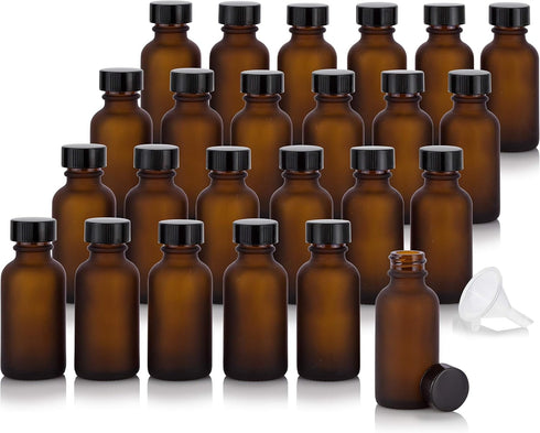 JUVITUS 1 oz / 30 ml Frosted Amber Glass Boston Round Bottle, Airtight Phenolic Cap, 24 Pack + Funnel