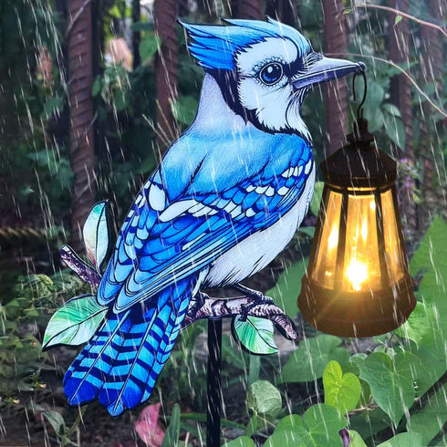 2 Pack Solar Lanterns Outdoor Decor Solar Bule Jay Lanterns Solar Cardinal Redbird Lights Metal Stake Yard Garden Decor