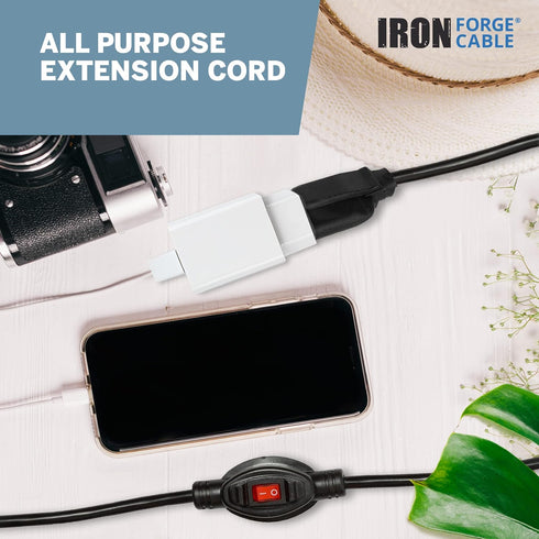 IRON FORGE CABLE Inline Extension Cord with On-Off Switch, 6 FT, 16/3 SJTW Power Switch, Black Household Outlet
