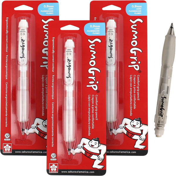 SAKURA SumoGrip Mechanical Pencil - 0.9 mm Ergonomic Comfort Grip Pencil - Clear - 3 Pack